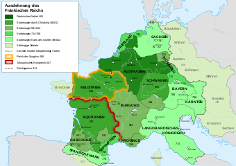 Karte der Ausdehnung des Fränkischen Reichs 481 bis 814