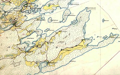 Gålös sydvästra respektive nordöstra del på Häradsekonomiska kartan från omkring år 1900.