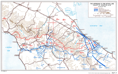 The Gothic Line, August 1944 and the concept of Operation Olive. The dark blue arrows represent major Allied attacks. Gothic Line - Concept of OperationOlive 1944.png