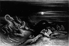 Hawkins' demonic plesiosaurs battling other sea-monsters in primordial darkness Great Sea-Dragons.jpg