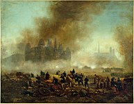 L'Hôtel de Ville incendié, assailli par les troupes de Versailles, 1871