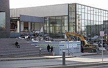 The Guthrie Theater on Vineland Place, during demolition in 2006. The original exterior screen had been removed in 1974. Guthrie-20061217.jpg