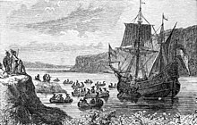 Henry Hudson's ship Halve Maen in the Hudson River Half Moon in Hudson.jpg