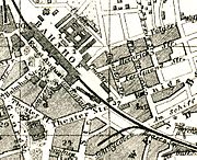 Stadtplan von Hannover (Ausschnitt) von 1873 mit der Haasenstraße (unten rechts) entlang der innerstädtisch seinerzeit schon hochgelegten Bahnstrecke Hannover–Altenbeken