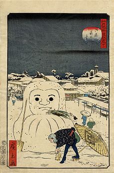 Dog stealing a workman's meal from a snow Daruma, Hirokage, c. 1855–56