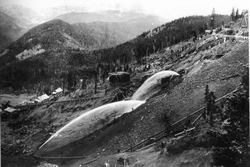 Hydraulic mining on Farncomb Hill above Parkville, Colorado. This process ultimately led to the town being buried under waste rock.