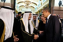 Barack Obama with King Salman of Saudi Arabia, January 2015. According to Amnesty International, "For too long, the USA has shied away from publicly confronting Saudi Arabia over its human rights record, largely turning a blind eye to a mounting catalogue of abuses." King Salman bin Abdulaziz of Saudi Arabia bids farewell to President Barack Obama at Erga Palace in Riyadh, Saudi Arabia.jpg