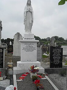 Grave of Liam Whelan, Glasnevin Cemetery, decorated with a Manchester United scarf. Football scarves often form part of memorials. Liam Whelan tombstone.jpg