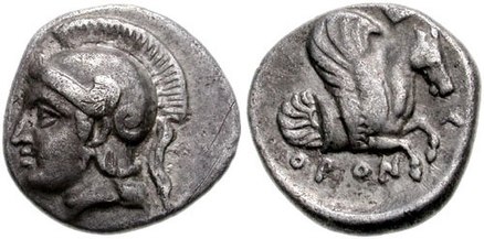 Монета на Оронтес, ахеменидскиот сатрап од Мизија (вклучувајќи го и Пергам), Адрамитејон. Околу 357-352 п.н.е