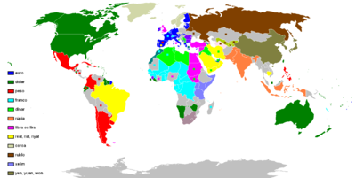 Name of currency units by country, in Portuguese Mapa dos nomes de moedas do mundo.png