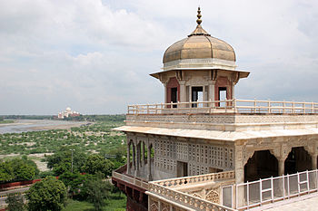 Musamman Burj at Agra Fort with Taj Mahal in t...