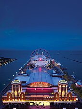 Aerial view of Navy Pier located in the Streeterville neighborhood, one of the most visited attractions in the Midwestern United States. Navy Pier 1190x1585.jpg