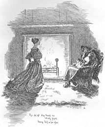 Mr. Rochester disguised as a Gypsy woman sitting at the fireplace. Illustration by F. H. Townsend in the second edition of Charlotte Bronte's 1847 novel Jane Eyre. P190b.jpg