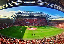 Anfield, home of Liverpool F.C. Panorama of Anfield with new main stand (29676137824).jpg