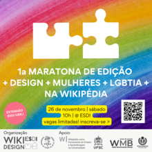 Imagem promocional da Primeira Maratona de Edição + design + mulheres + LGBTIA + na Wikipédia