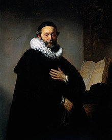 Rembrandt's Portrait of Johannes Wtenbogaert (1633) is an example of Rembrandt lighting - diffused light hits the subject from the viewers' left, but some is reflected back onto the subject, creating definition in the subject's face on the viewers' right.