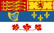 (Top to bottom) the royal standard of monarch in Canada; the flag of the governor general of Canada; the badge of the House of Commons of Canada. All designs take elements from the Arms of Canada.