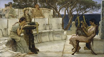 A nineteenth-century painting by the English painter Sir Lawrence Alma-Tadema depicting the poetess Sappho gazing on in admiration as the poet Alcaeus plays the lyre Sir Lawrence Alma-Tadema, RA, OM - Sappho and Alcaeus - Walters 37159.jpg