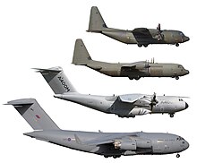 The A400M (third from top) and aircraft it is intended to replace or complement: C-130 (top), C-130J-30 and C-17 (bottom). Size comparison C-17 A400M C-130J-30 C-130J.jpg