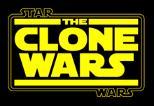 Un logo jaune sur fond noir inscrivant « The Clone Wars » dans un cartouche marqué « Star Wars »