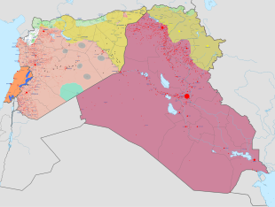 Mapa aktuálního rozložení vojenských sil v Iráku, Sýrii a Libanonu (zelená barva – území pod kontrolou sil Syrské opozice).