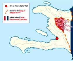 Haiti İmparatorluğu Haritası (1804 -1806). Sınırın diğer tarafında, adanın Fransız kontrolü altındaki İspanyol kısmı yer almaktadır (1795-1809).