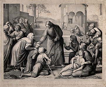 Les Malades approchent du Christ lors de ses voyages, lithographie, 1849, d'après Johann Friedrich Overbeck.