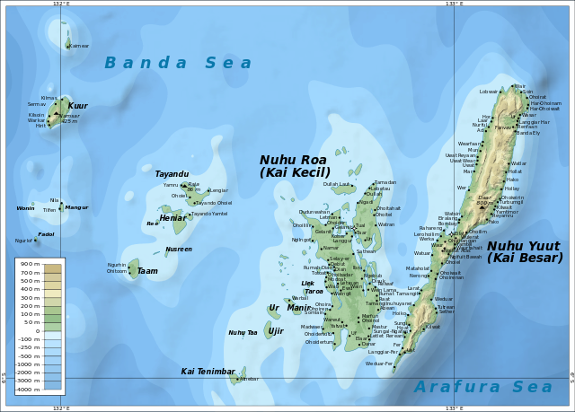 Mapa topográfico de las islas Kai