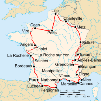 Map of France with the route of the 1936 Tour de France