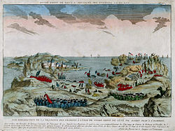 L'attaque française contre Terre-Neuve en 1762. Le Robuste y sert comme navire-amiral. (Vue d'optique, gravure aquarellée)