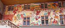 Rathaus Rheinfelden, AG. 1911, Wandgemälde, Arnold Winkelried, 9. Juli 1386, Schlacht von Sempach von Paul Altherr (1870–1928) Maler, Zeichner. Das Wandbild wurde von dem Salmen-Brauereibesitzer Karl Habich-Dietschy (1845–1928) gespendet.