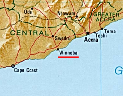 Виннеба находится в 56 км (35 миль) к западу от Аккры и в 140 км (90 миль) к востоку от Кейп-Коста.
