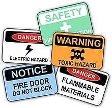 Warning signs such as those depicted in the image are often used to warn visitors of potential hazards. Workplace Safety Signs.jpg