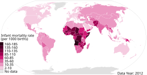 World infant mortality rates in 2012 2012 Infant mortality rate per 1000 live births, under-5, world map.svg