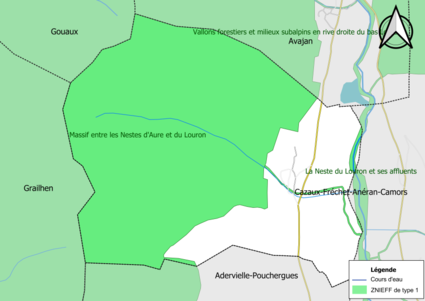 Carte des ZNIEFF de type 1 sur la commune.