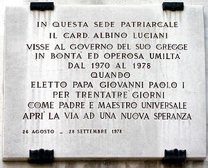 Venice, Plaque commemorating pope John Paul I,...