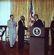 A. Philip Randolph receiving the Medal from President Lyndon Johnson at one of the first ceremonies, 1964