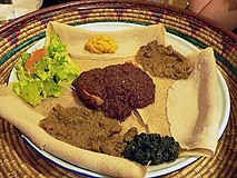 Tradional Ethiopian meal on injera bread