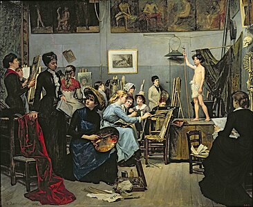 Marie Bashkirtseff, À l'atelier (1881), Dnipro, musée des Beaux-Arts. Vue d'un atelier de l'Académie Julian où Magdeleine Real del Sarte en blouse bleu clair pose au centre de la composition.