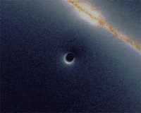 Προσομείωση η οποία δείχνει πώς θα φαινόταν ένας γαλαξίας (κίτρινη λοξή γραμμή) ο οποίος θα περνούσε πίσω από μια μαύρη τρύπα (κυκλική μαύρη περιοχή).