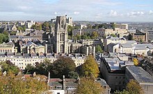 Most of the buildings here are used by the university. The Wills Memorial Building is left of centre. Viewed from the Cabot Tower on Brandon Hill Bristol University from Cabot Tower.jpg