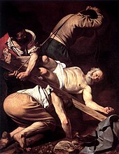 Saint Peter, an apostle of Jesus, was executed by the Romans. Caravaggio-Crucifixion of Peter.jpg