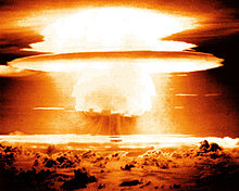 Mushroom cloud from the explosion of Castle Bravo, the largest nuclear weapon detonated by the U.S., in 1954 Castle Bravo 007.jpg