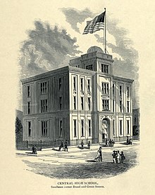 Central High School's second location at the southeast corner of Broad and Green Streets Central High School Southeast corner Broad and Green Streets Philadelphia PA (1854).jpg