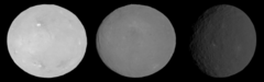 Asteroid 1 Ceres, imaged by the Dawn spacecraft at phase angles of 0deg, 7deg and 33deg. The strong difference in brightness between the three is real. The left image at 0deg phase angle shows the brightness surge due to the opposition effect. Ceres opposition effect.png
