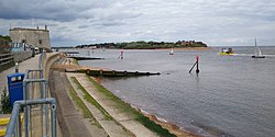 A Martello tower and the mouth of River Deben at Felixstowe Ferry in June 2019 Cmglee Felixstowe Ferry promontory.jpg