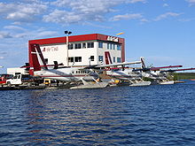 Three Air Tindi DHC-6 Twin Otters on floats at Yellowknife Water Aerodrome DHC-6 Twin Otters on floats.JPG