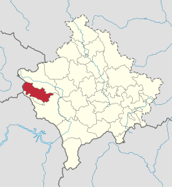 代查尼市鎮在科索沃的位置