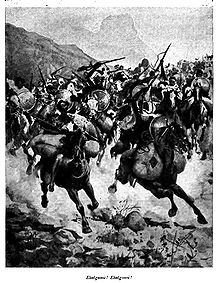 Image en noir et blanc montrant des cavaliers au galop avec des fusils à la main