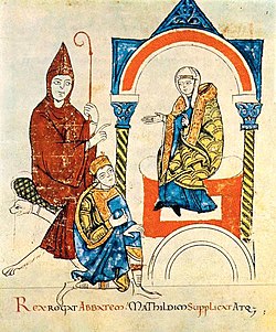 Hugh, Abbot of Cluny, Emperor Henry IV, and Countess Matilda of Tuscany, 1115.  The Emperor and the countess wear gowns and mantles trimmed with bands of gold embroidery. The countess wears a linen veil draped over her hair.